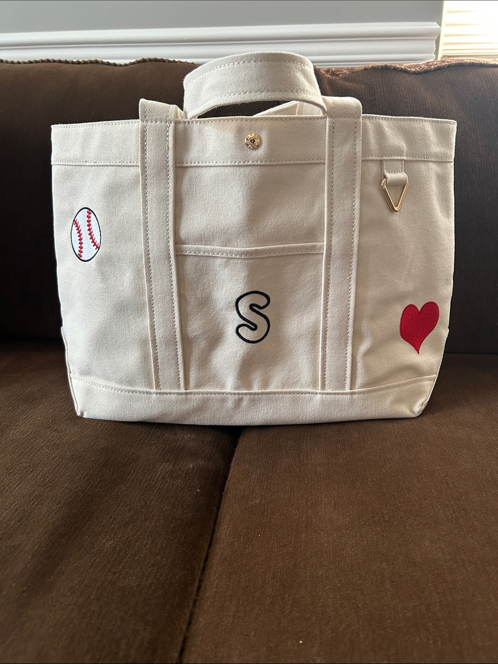 BaubleBar Canvas Tote Bag with Embroidered 'S', Heart snd Baseball Accent